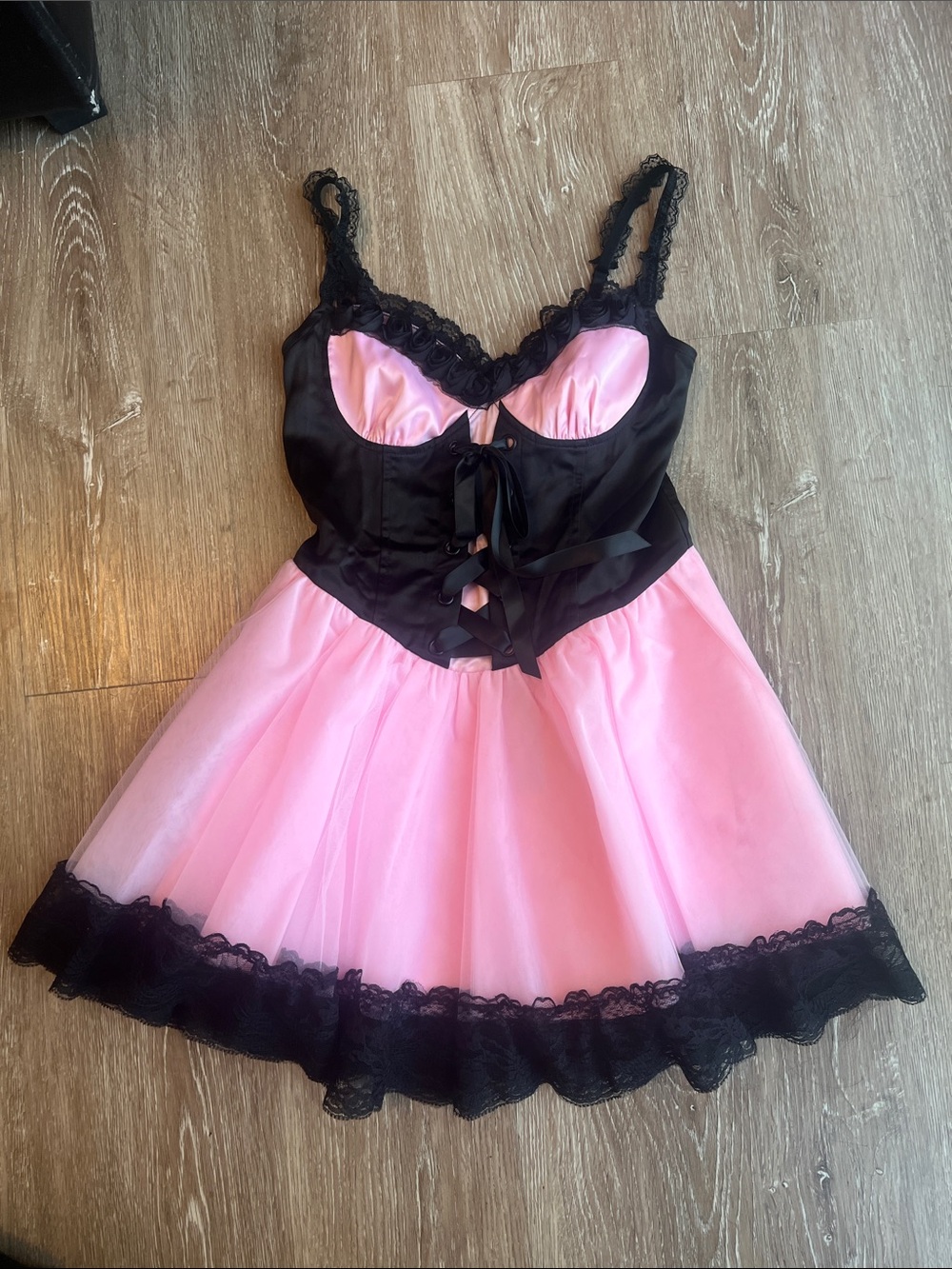 Dolls Kill Widow Pink & Black Lace Corset Babydoll Dress Size Small
